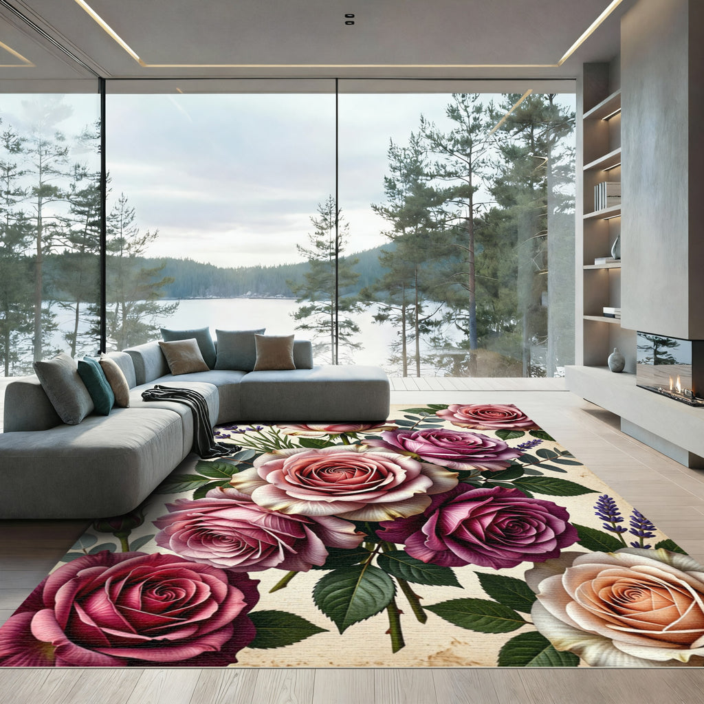 Romantic Pink Rose Lavender Bouquet Rug