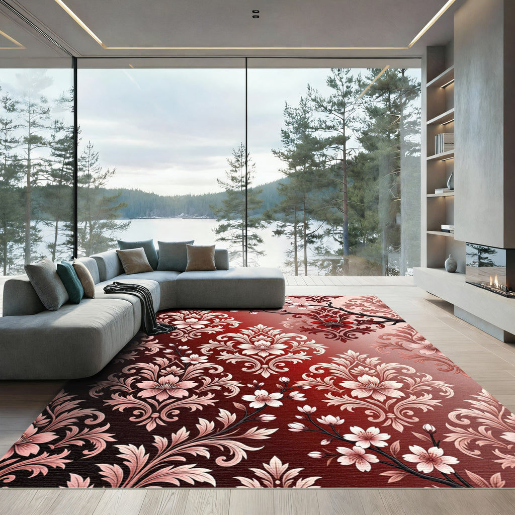 Crimson Red Floral Damask Branch Rug