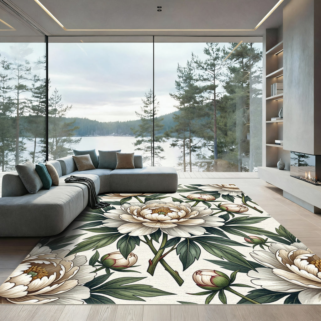Elegant Cream Peony Botanical Garden Rug