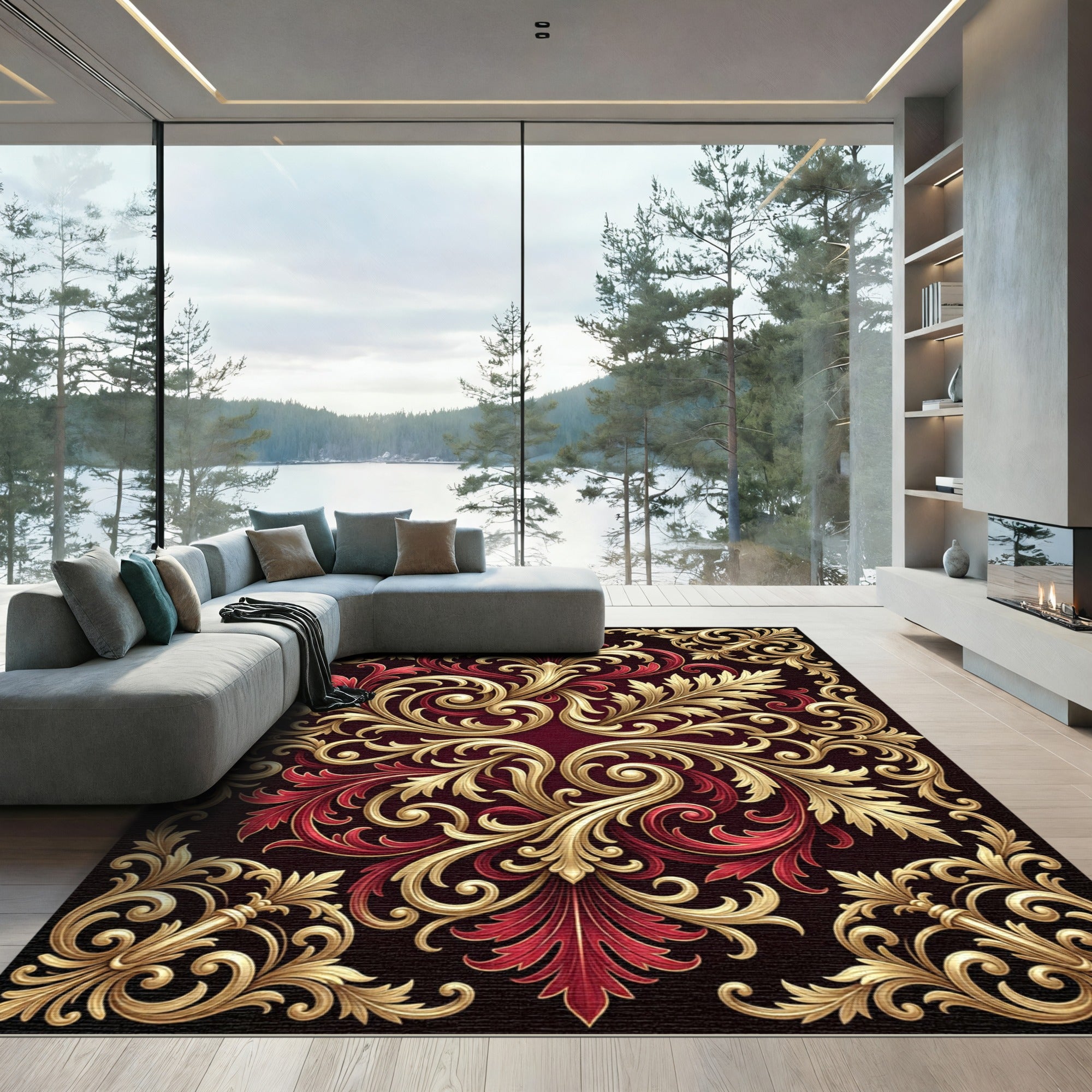 Ornate Red Golden Floral Scrollwork Rug