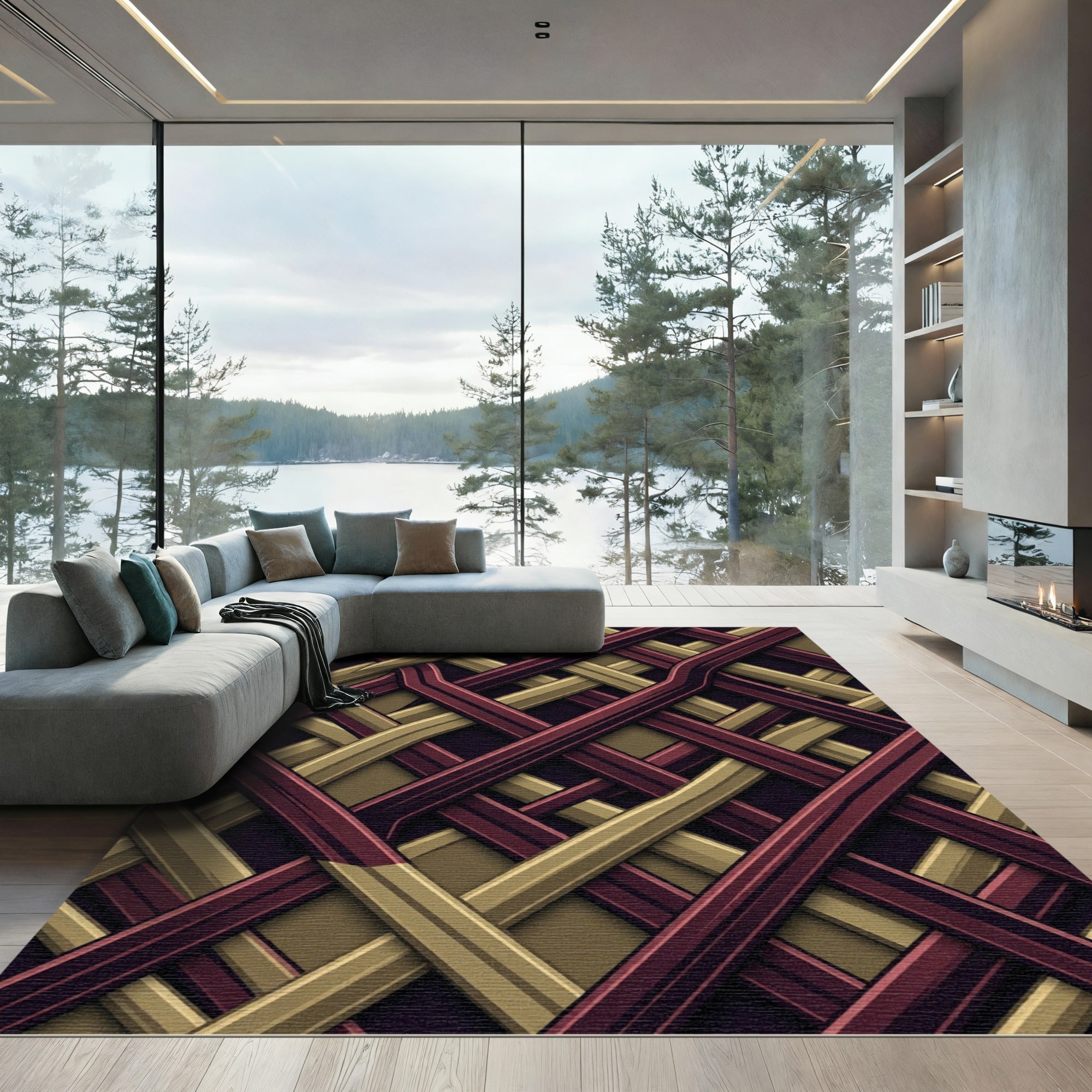 Geometric Crimson and Gold Interlocking Weave Rug