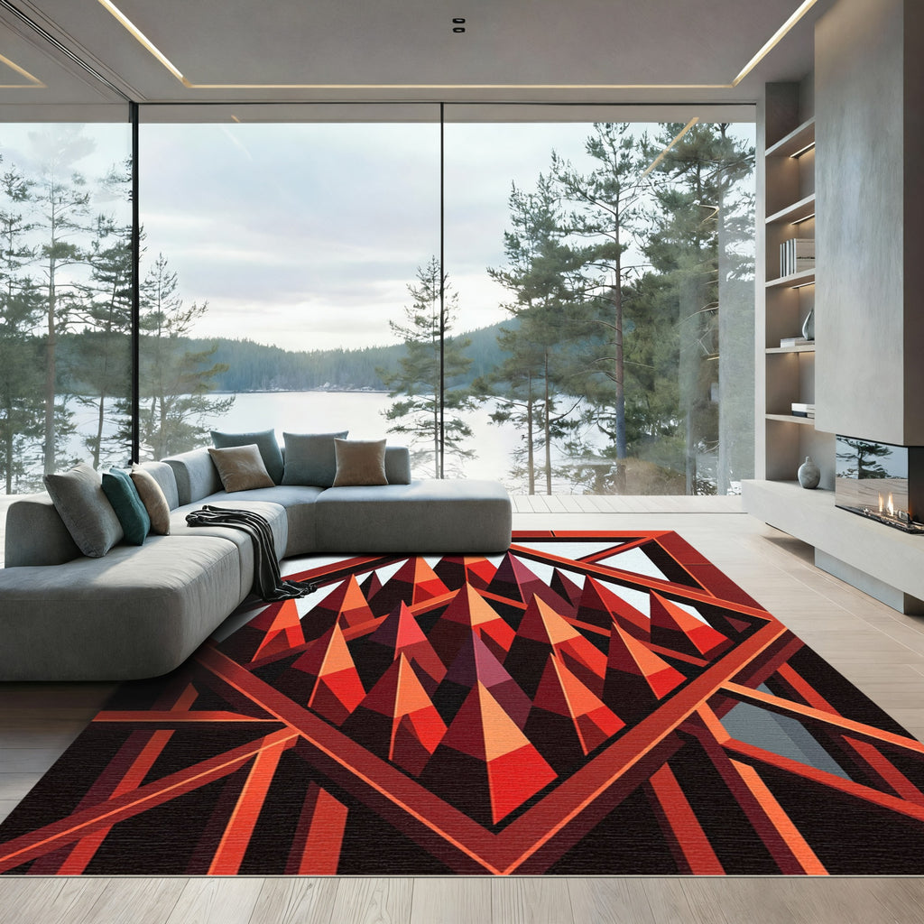 Geometric Crimson Spire Abstract Rug