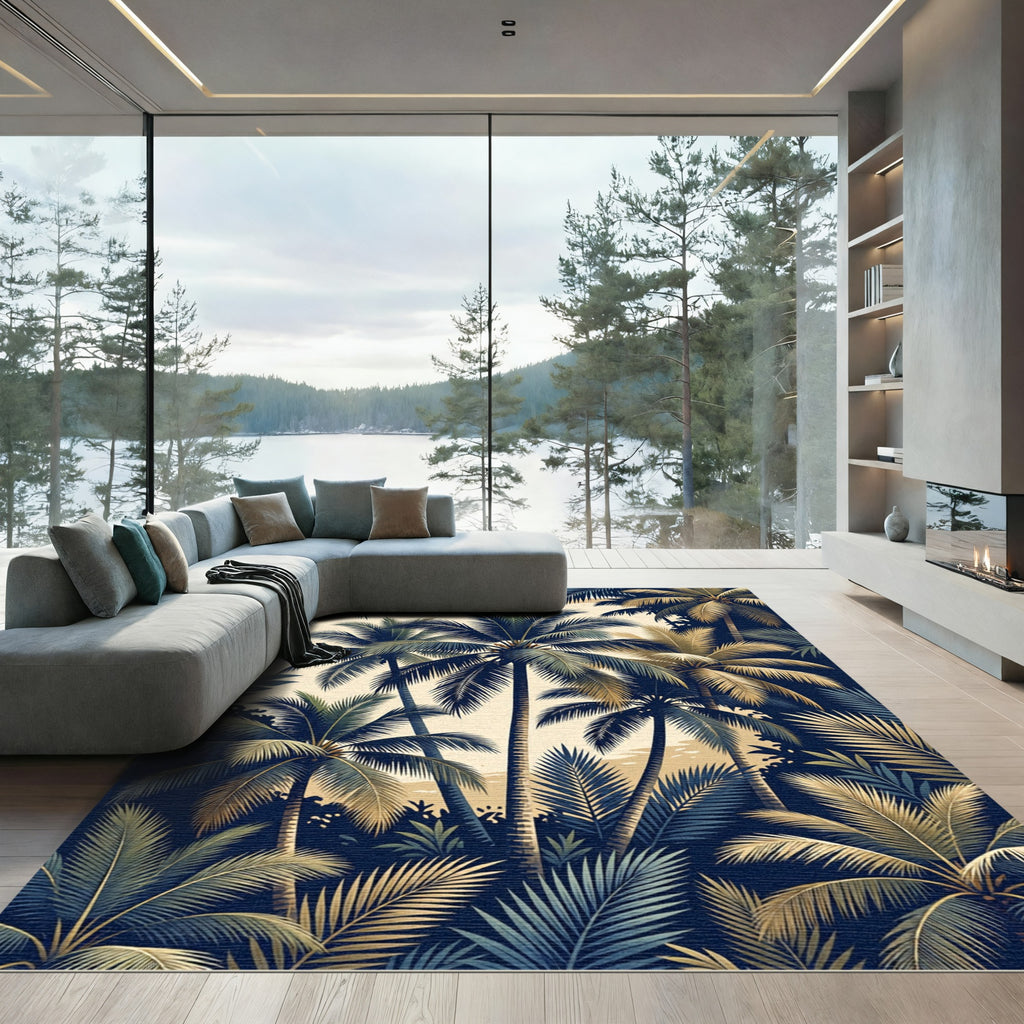 Lush Navy and Gold Tropical Palm Rug