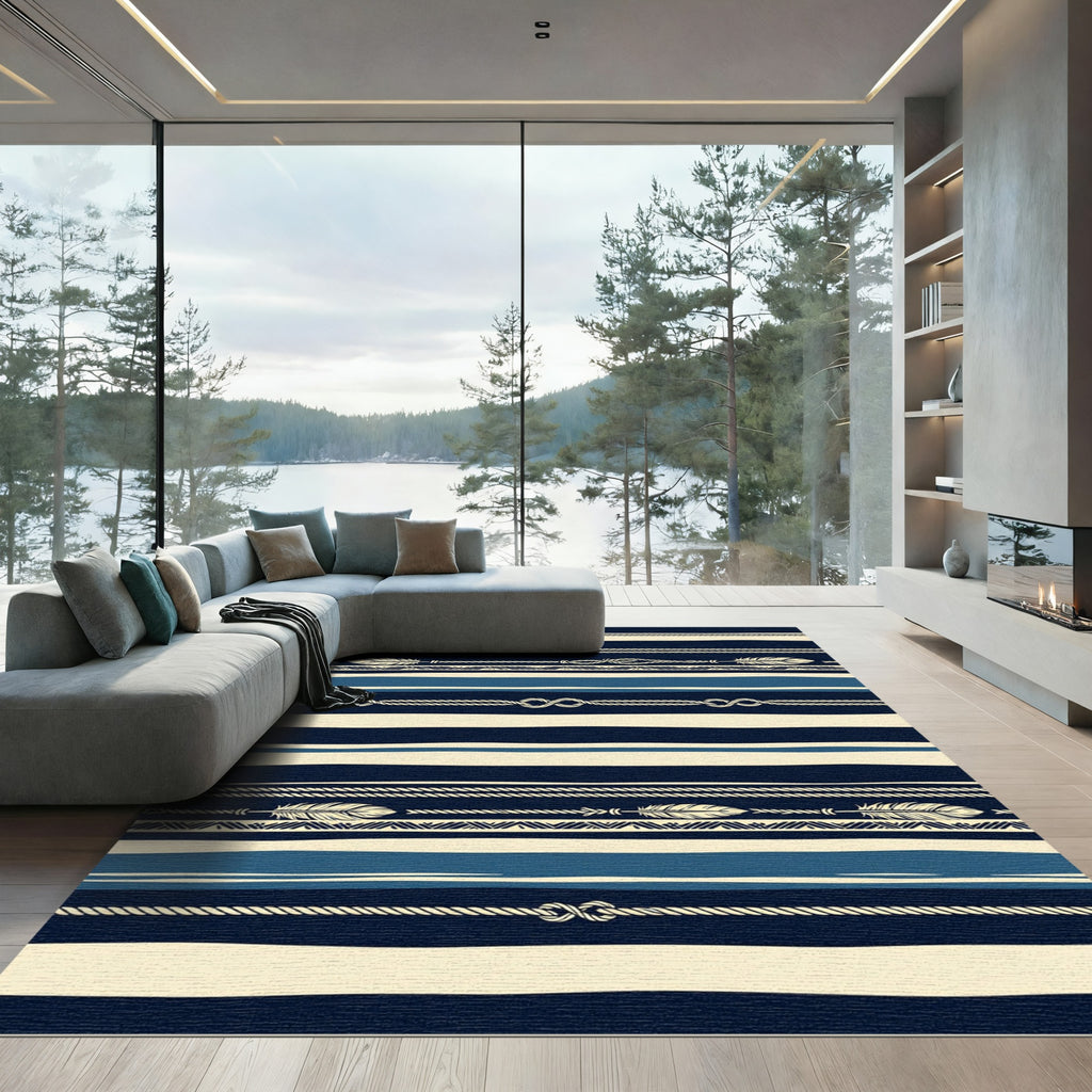 Navy Blue Striped Nautical Feather Rope Rug