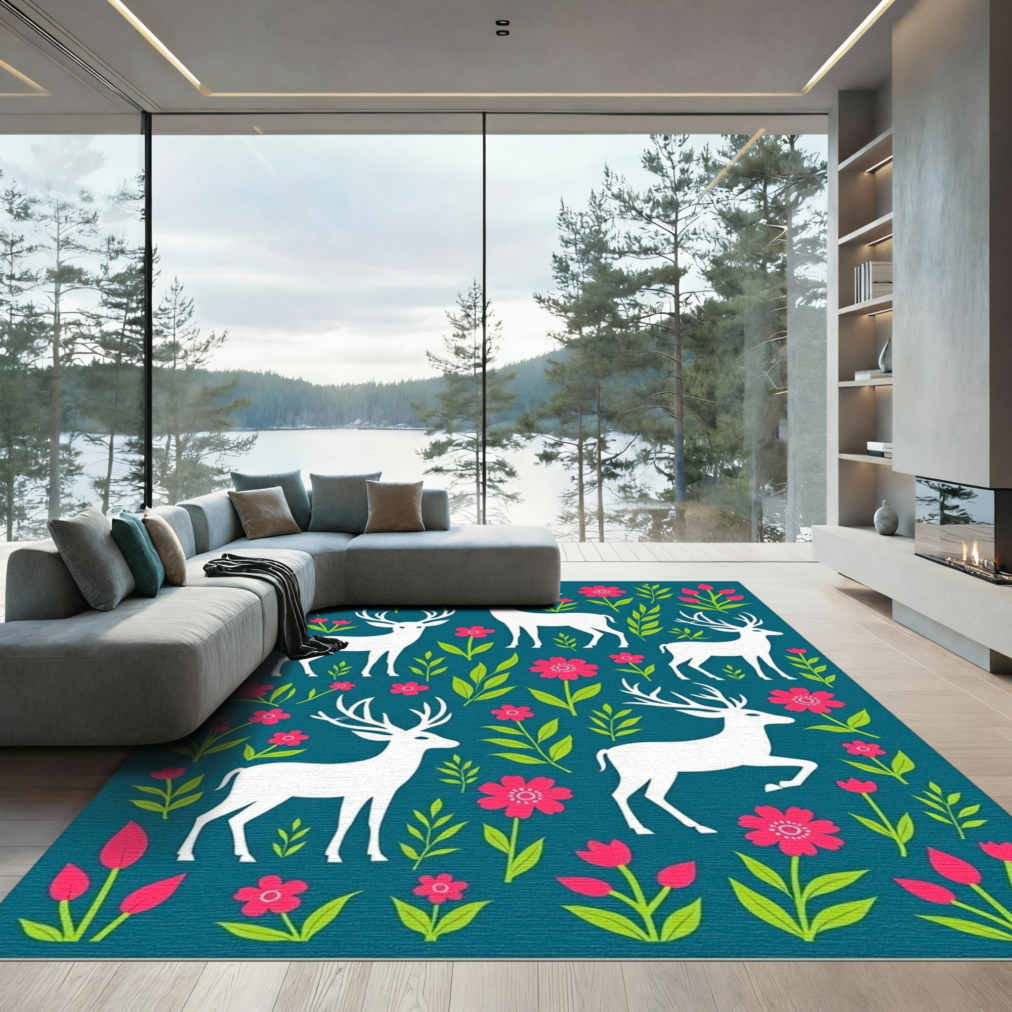 Whimsical White Deer Bloom Garden Rug