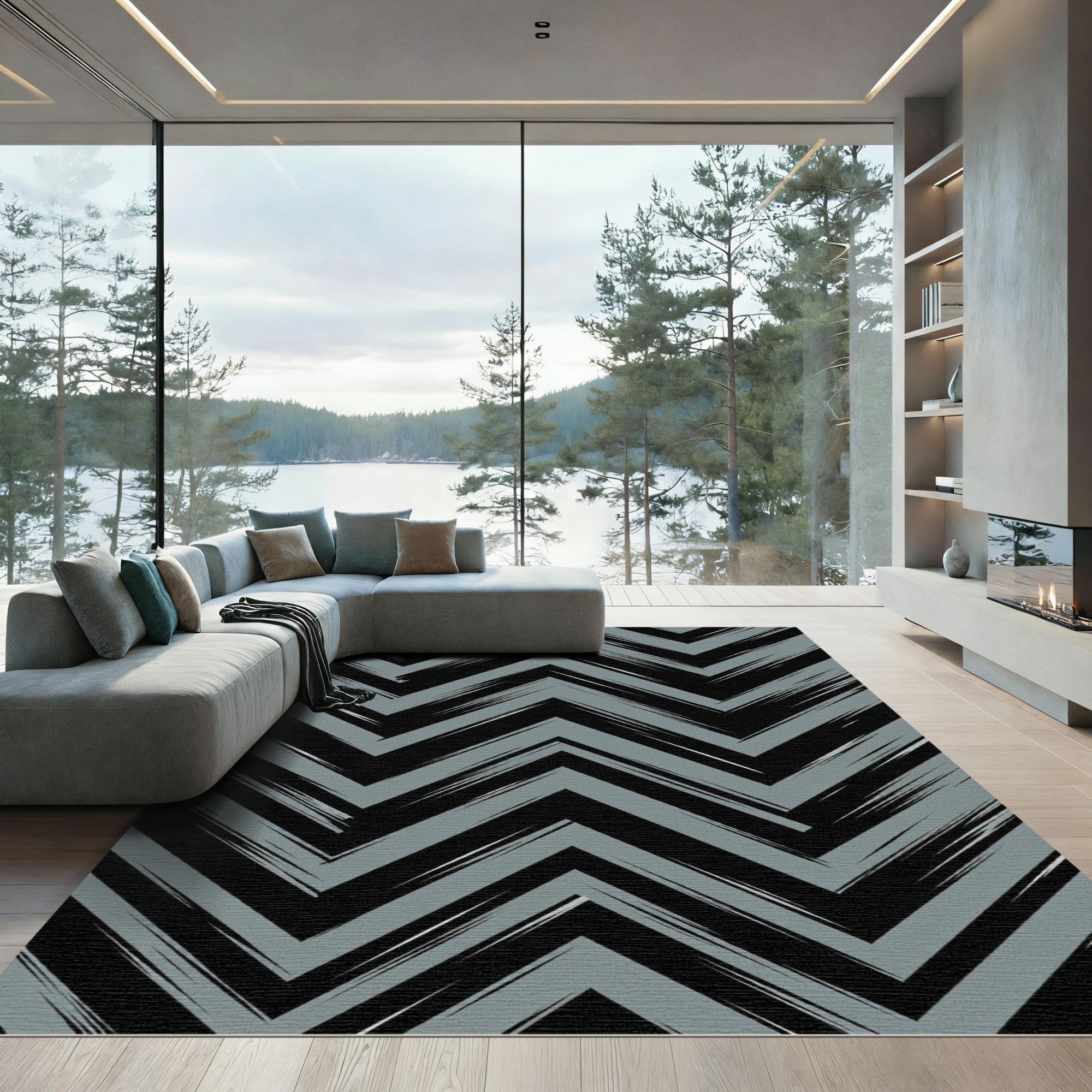 Modern Gray Black Chevron Zigzag Textured Rug