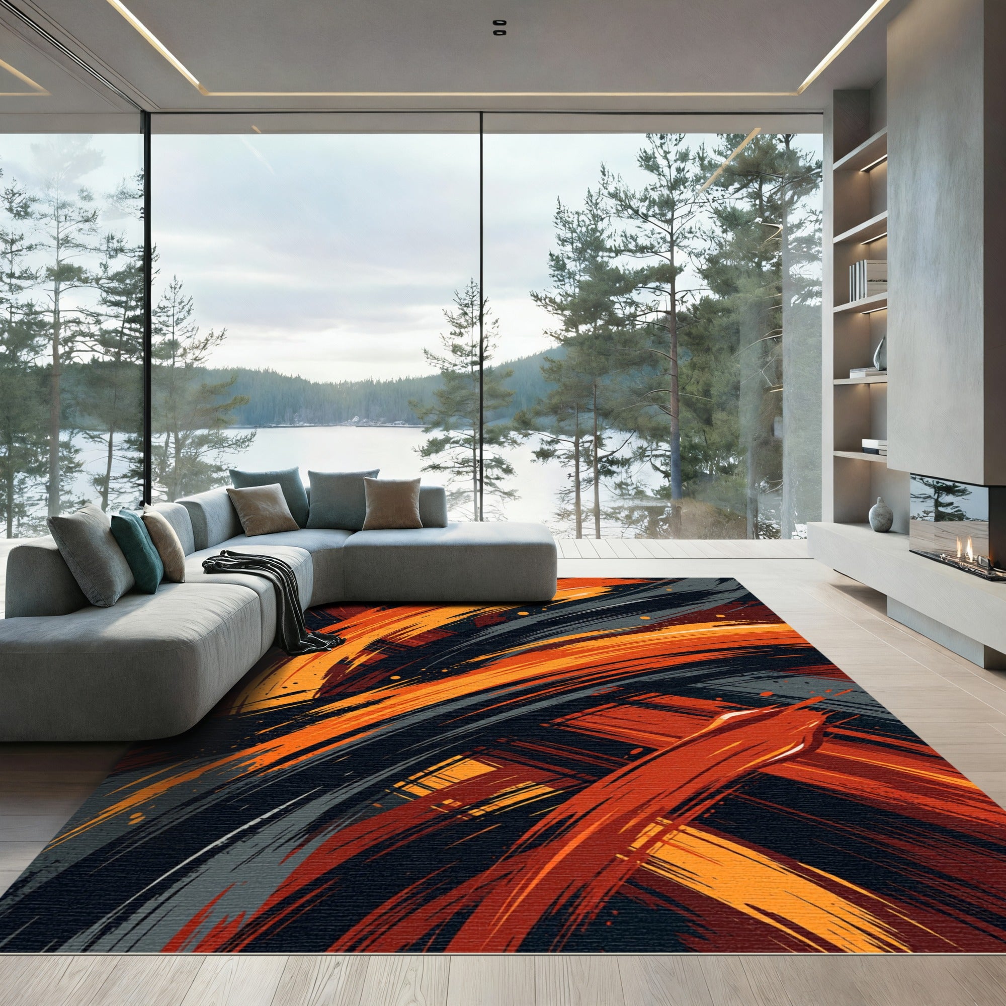 Dynamic Orange and Black Brushstroke Abstract Rug