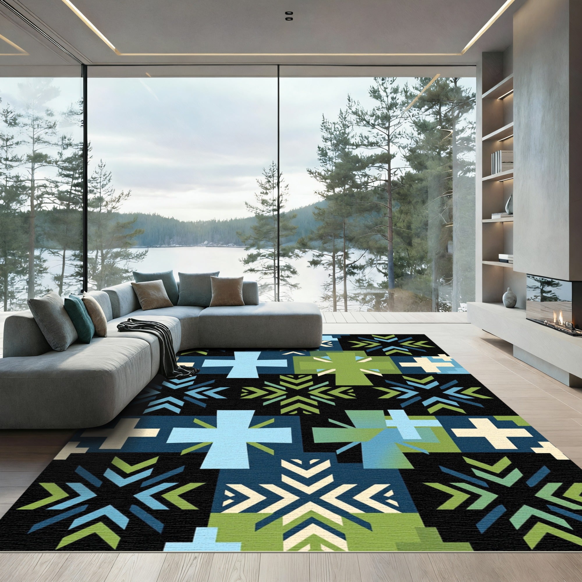 Modern Geometric Nordic Cross Blue Green Rug