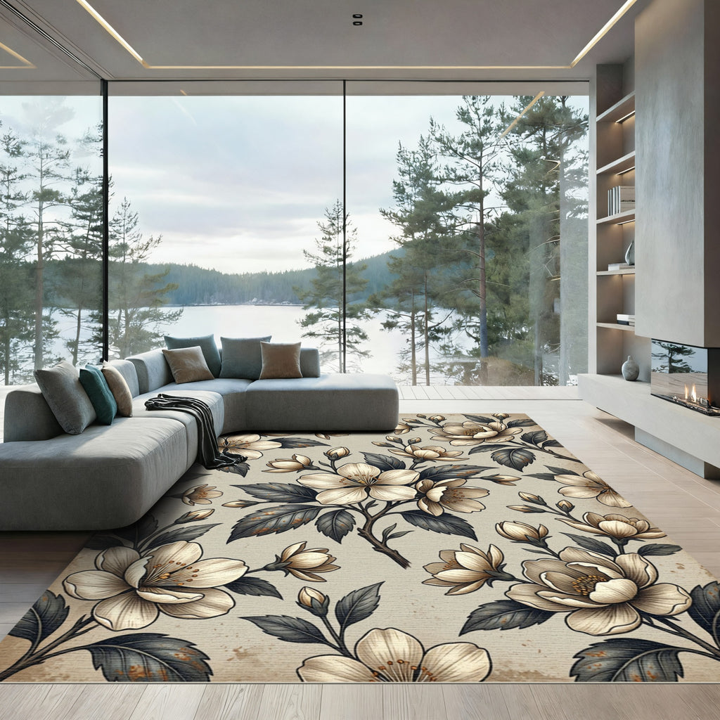 Cream Beige Floral Branch Composition Rug
