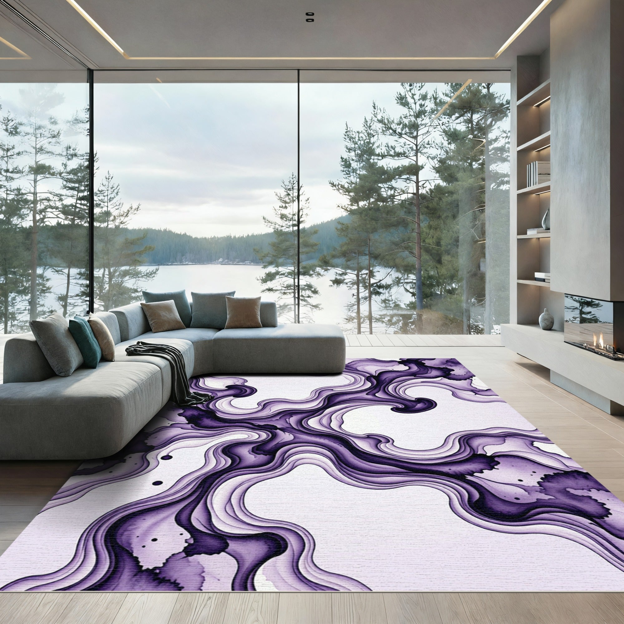 Fluid Violet Abstract Ink Flow Rug