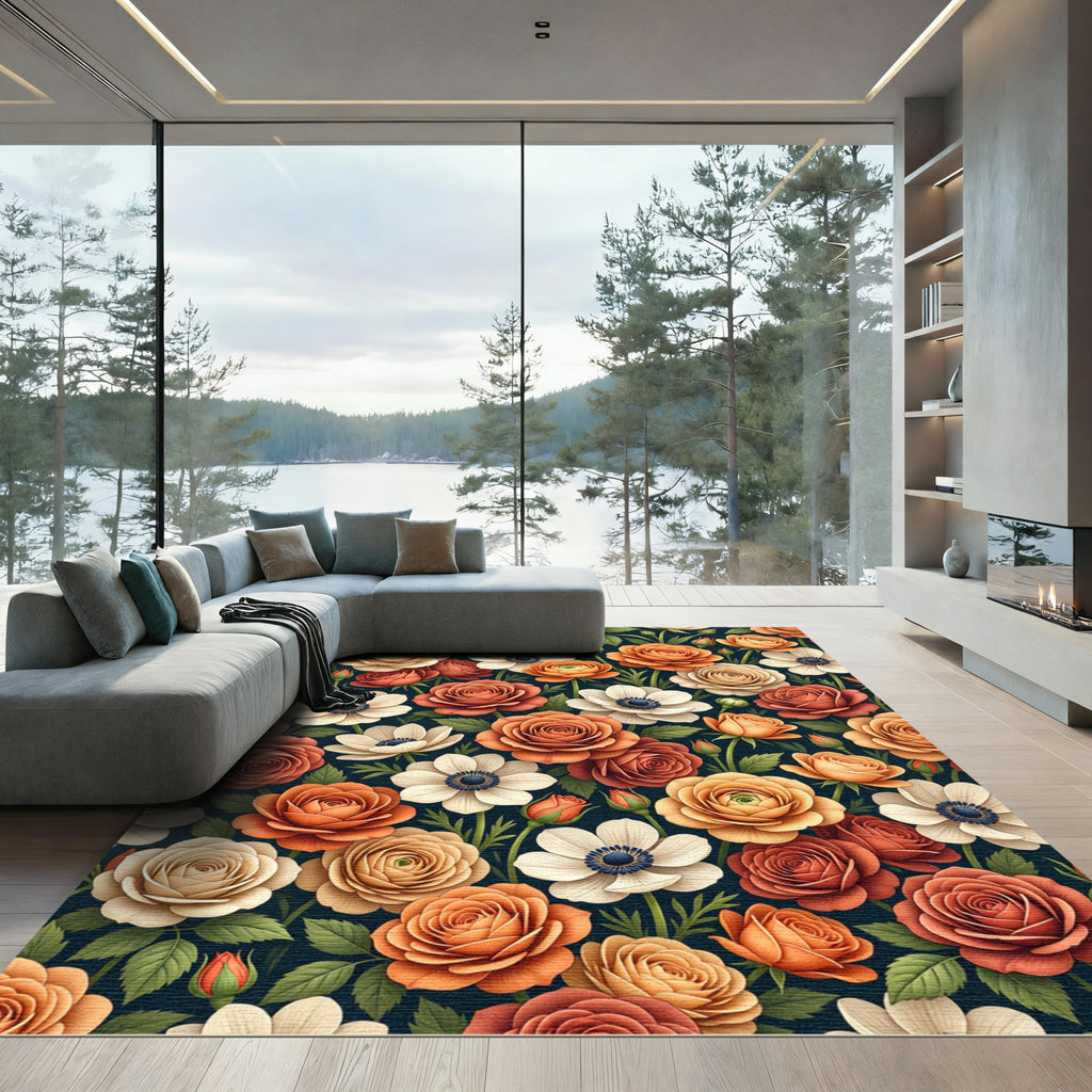 Burnt Orange Cream Blossom Floral Rug
