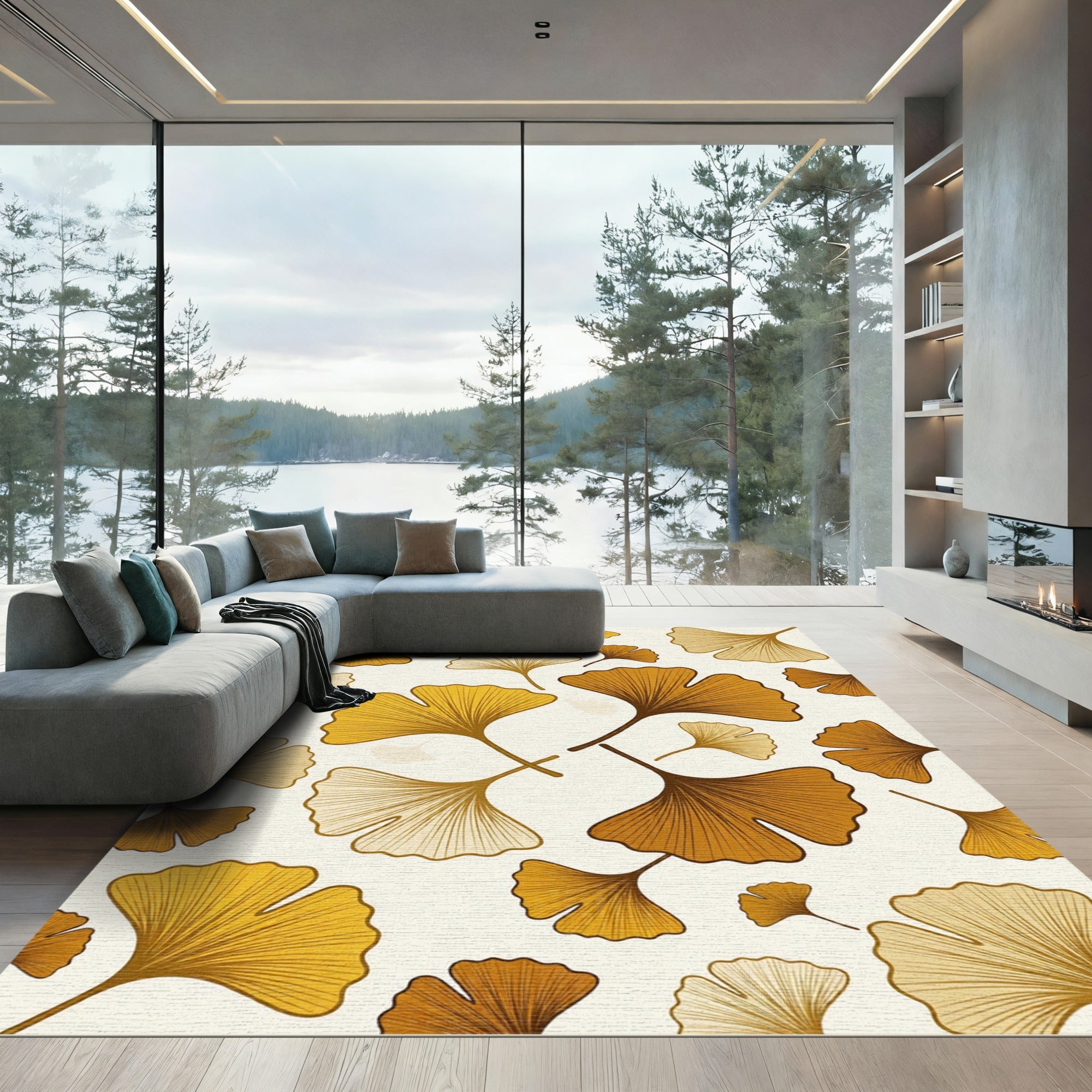 Golden Ginkgo Leaf Autumn Botanical Rug