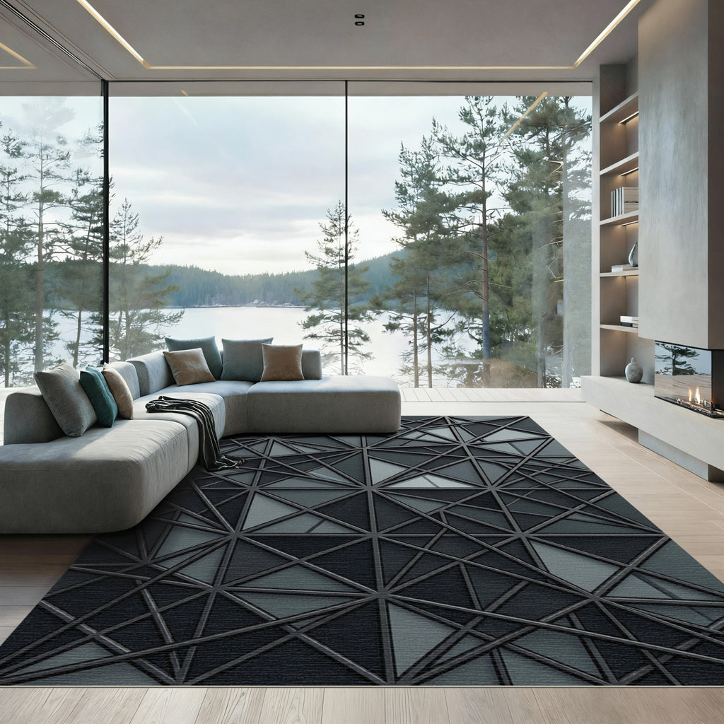 Modern Charcoal Geometric Intersecting Lattice Rug