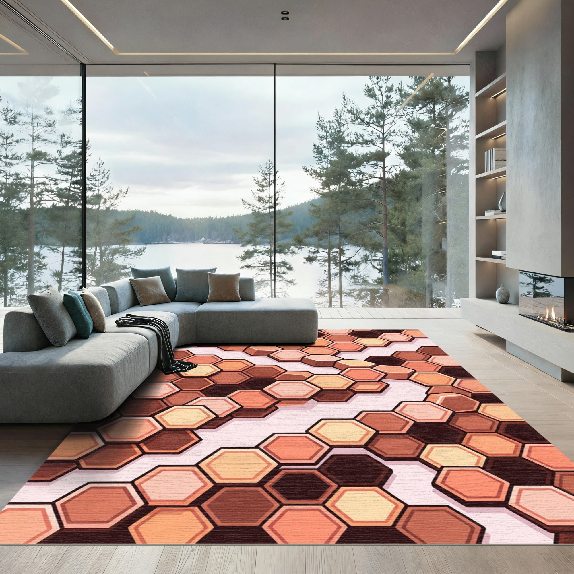 Warm Terracotta Hexagon Grid Rug