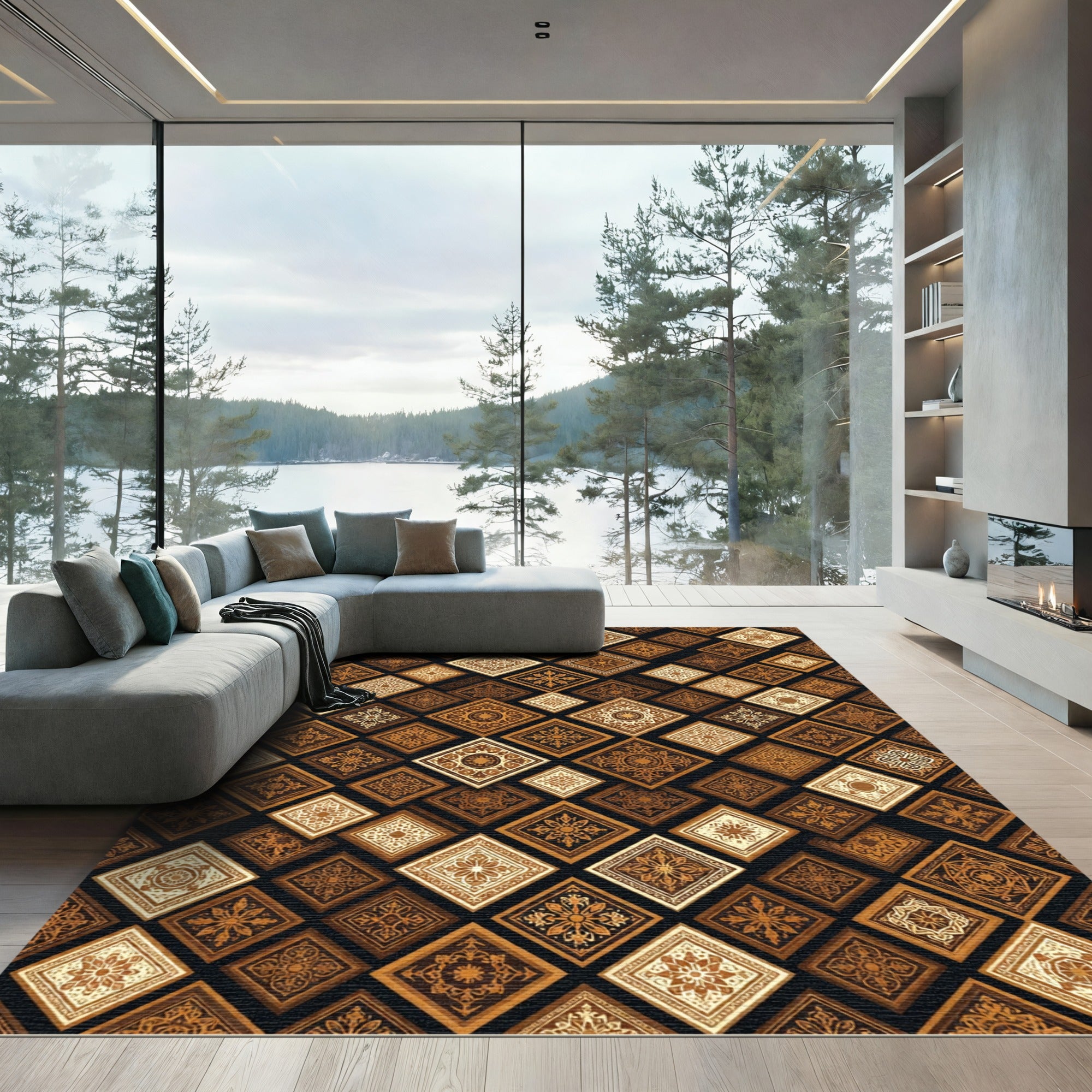 Brown Gold Detailed Square Medallion Rug