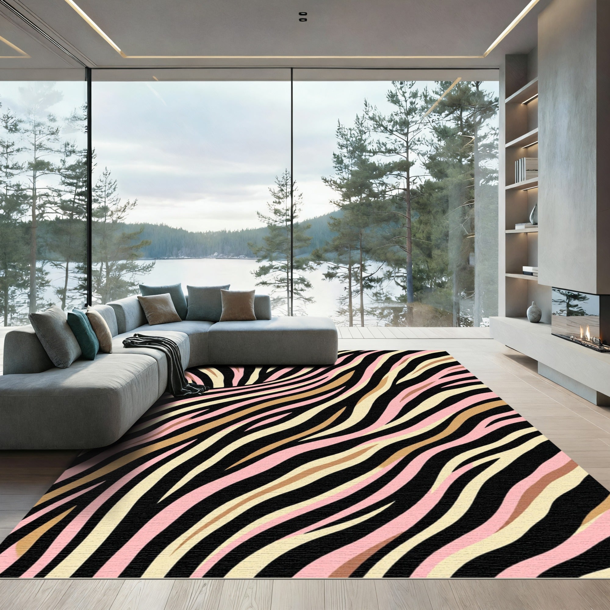 Pink Gold Black Zebra Stripes Rug