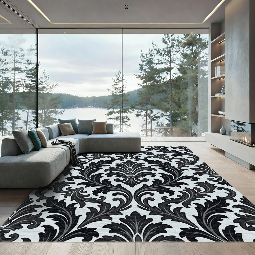 Black White Acanthus Leaf Scroll Rug