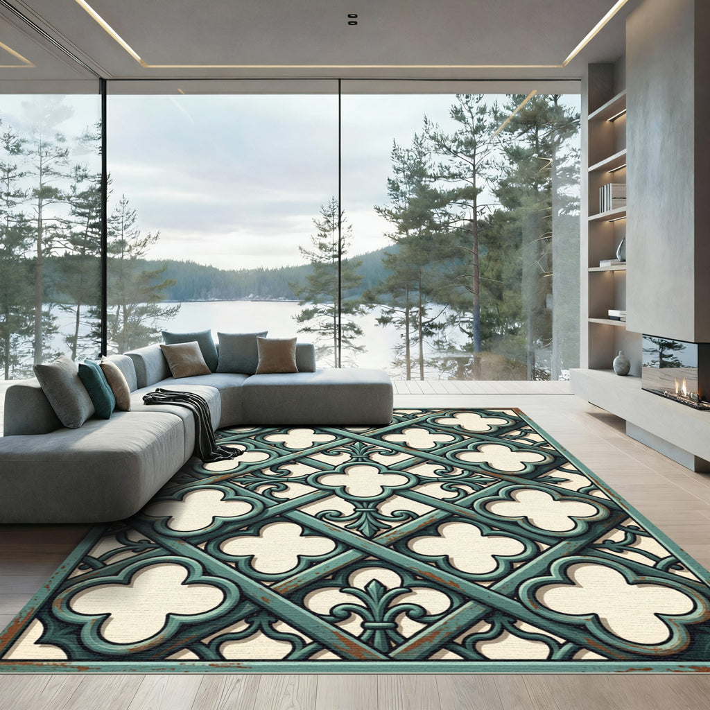 Distressed Teal Gothic Trellis Lattice Rug