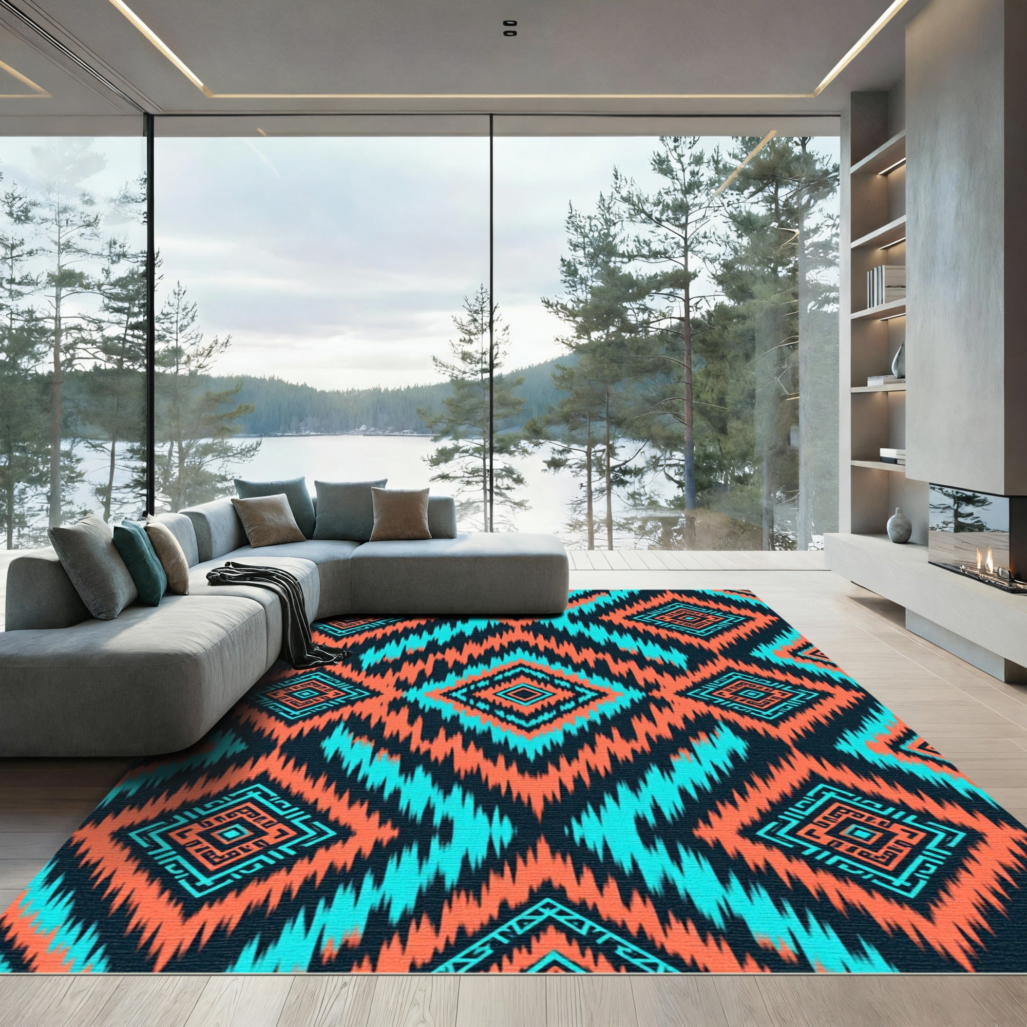 Orange Aqua Tribal Diamond Chevron Rug