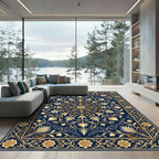 Golden Floral Medallion Navy Foliage Rug