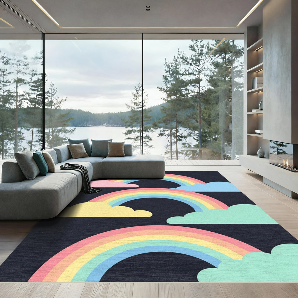 Pastel Rainbow Clouds on Dark Sky Rug