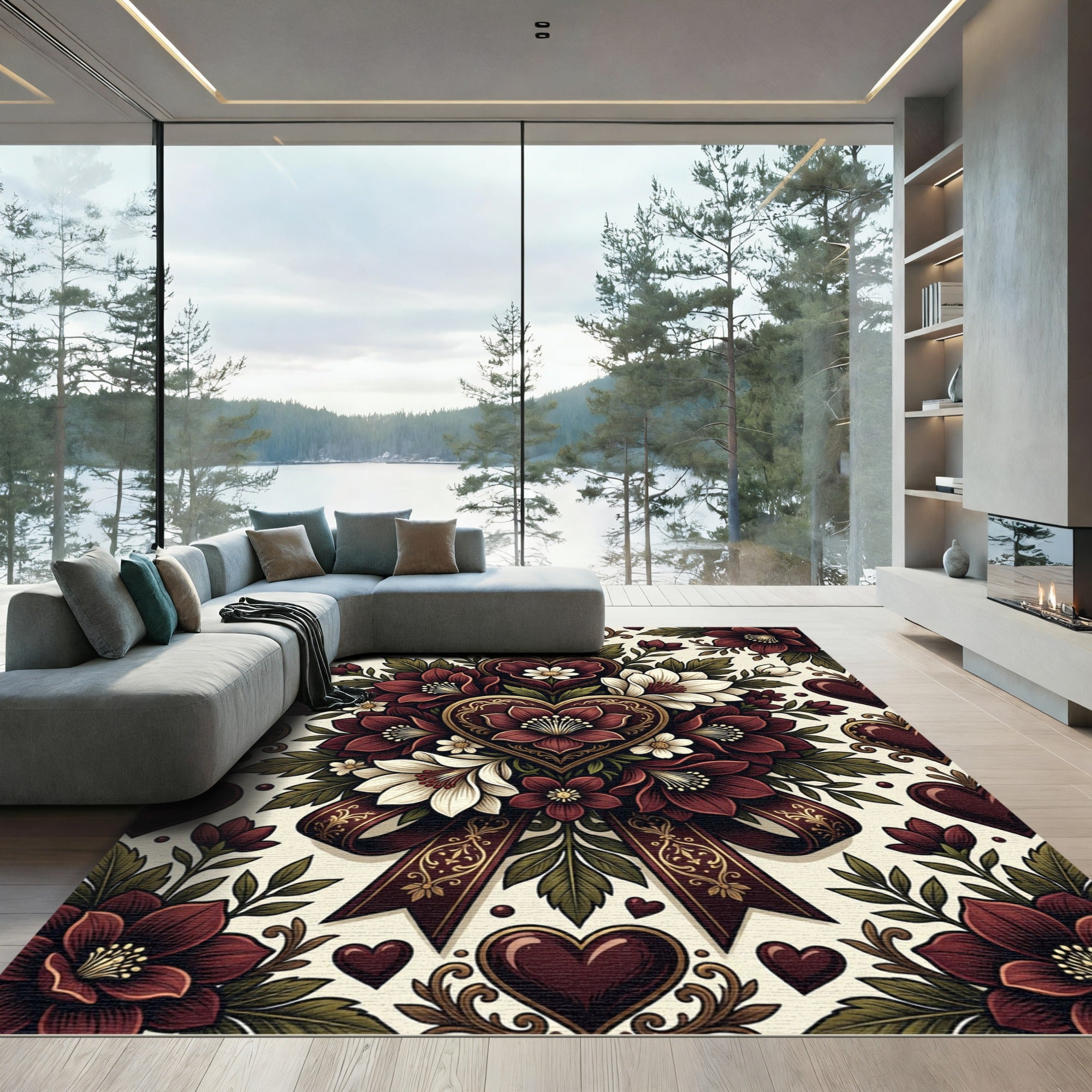 Burgundy Heart Floral Ribbon Display Rug