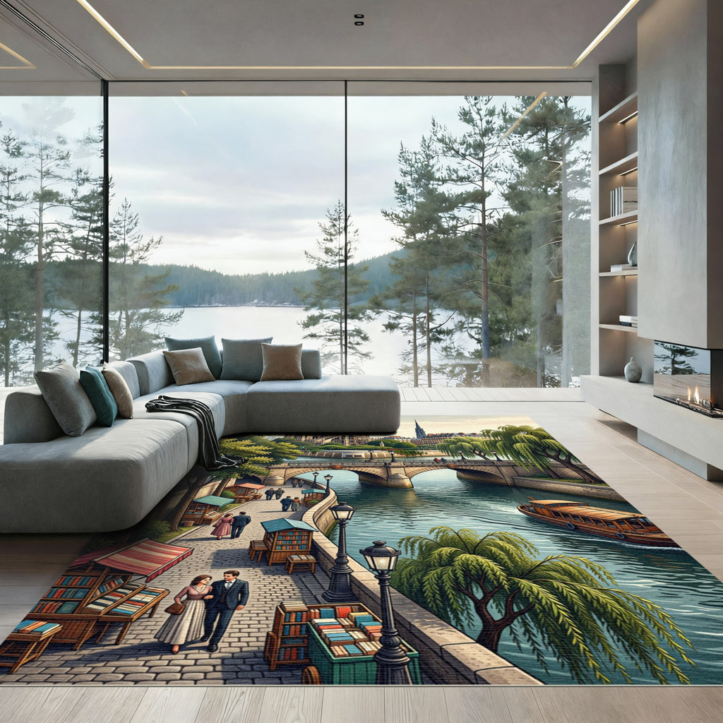 Parisian River Seine Bookstore Scene Rug