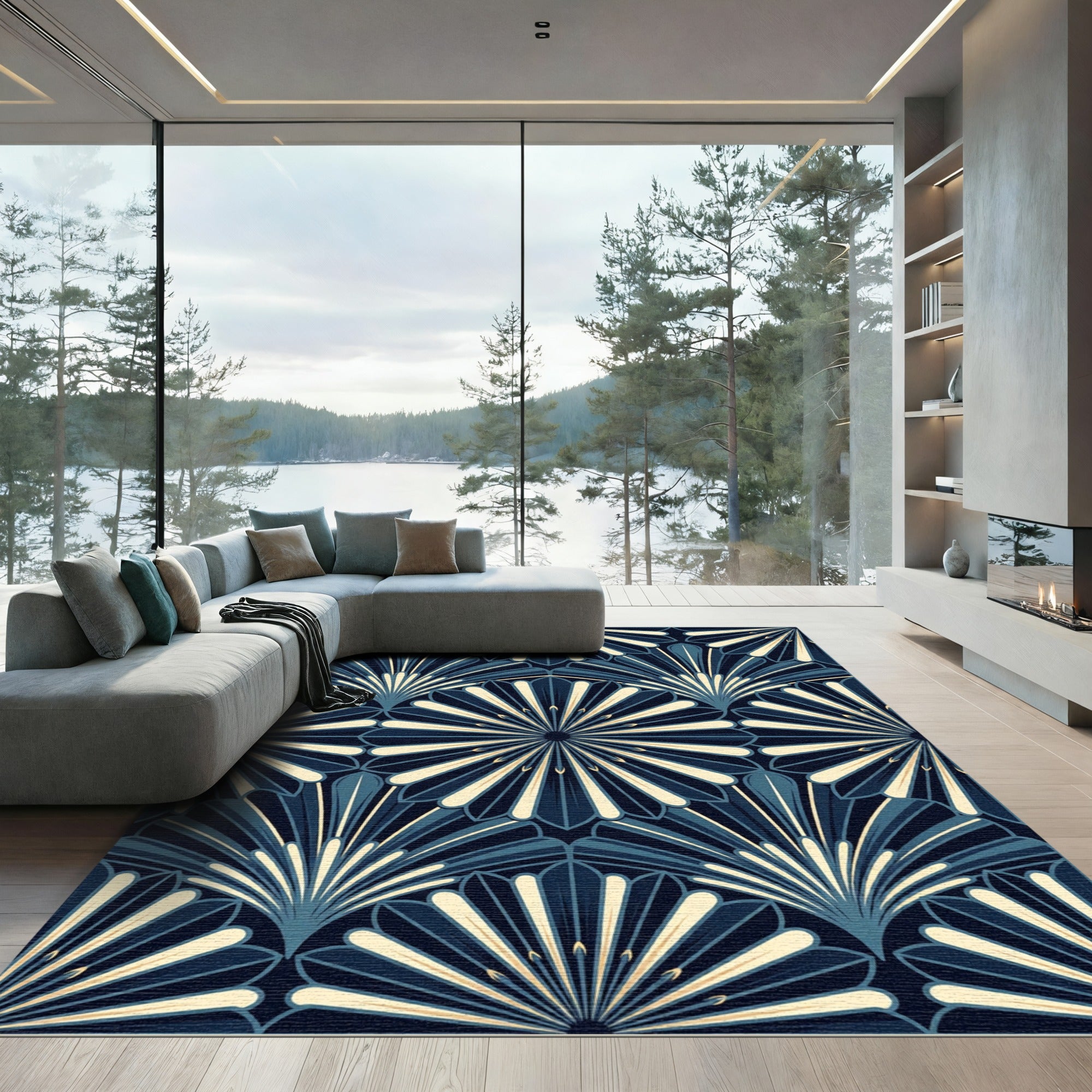 Art Deco Midnight Navy Sunburst Rug