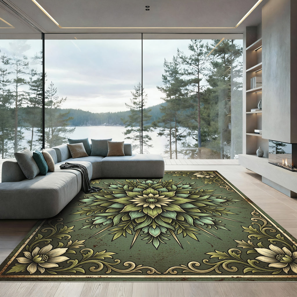 Earthy Green Floral Mandala Medallion Rug