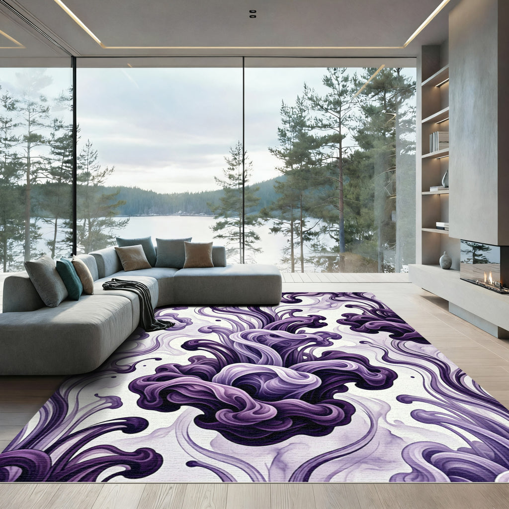 Elegant Deep Purple Abstract Fluid Swirls Rug