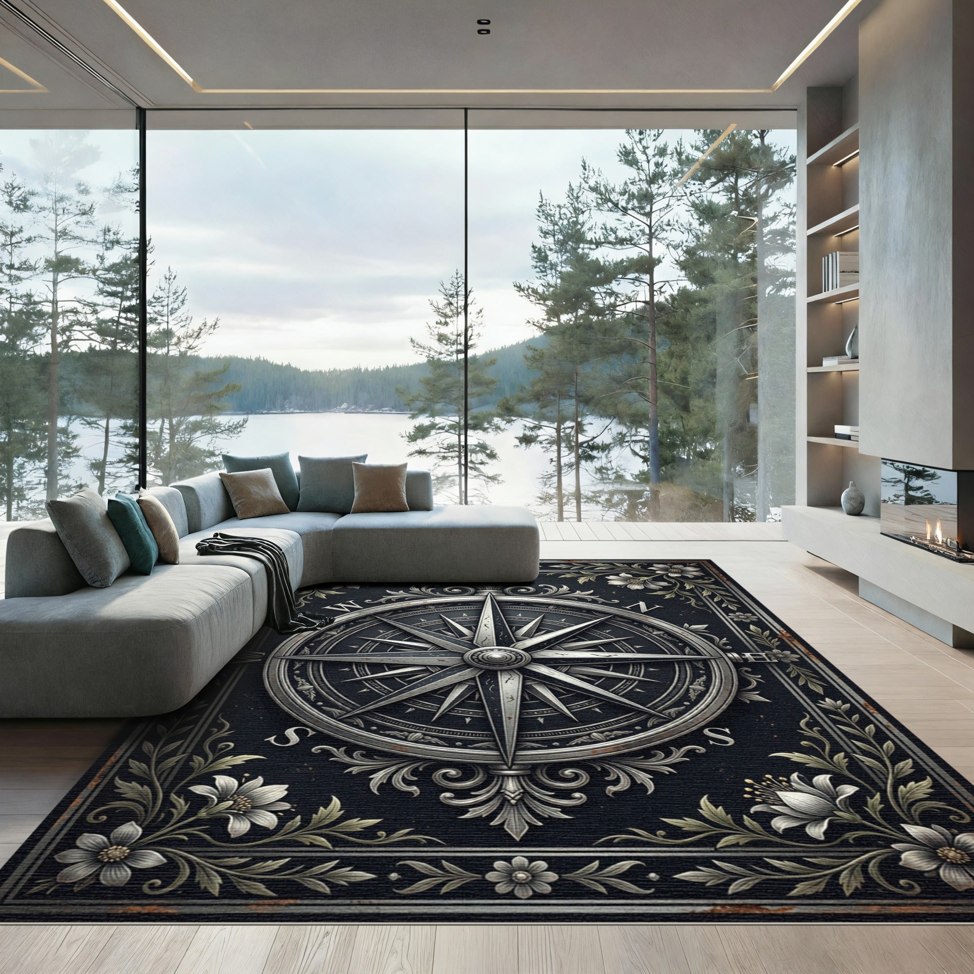 Elegant Silver Compass Floral Medallion Rug