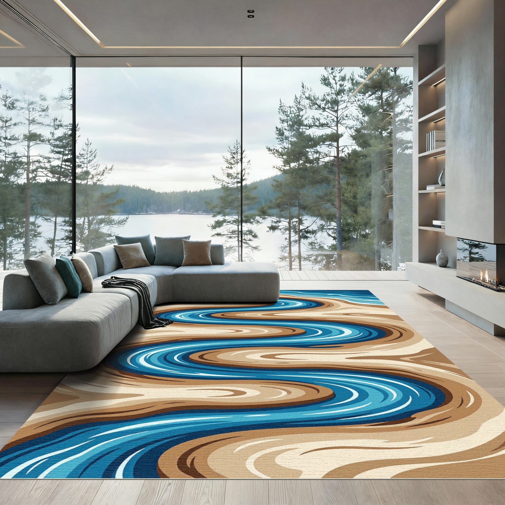 Abstract Winding Blue River Landscape Rug