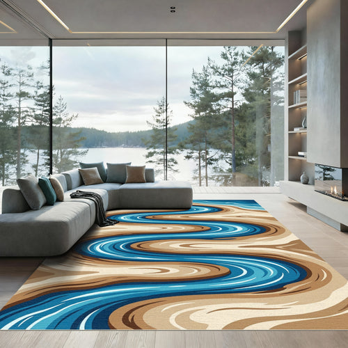 Abstract Winding Blue River Landscape Rug