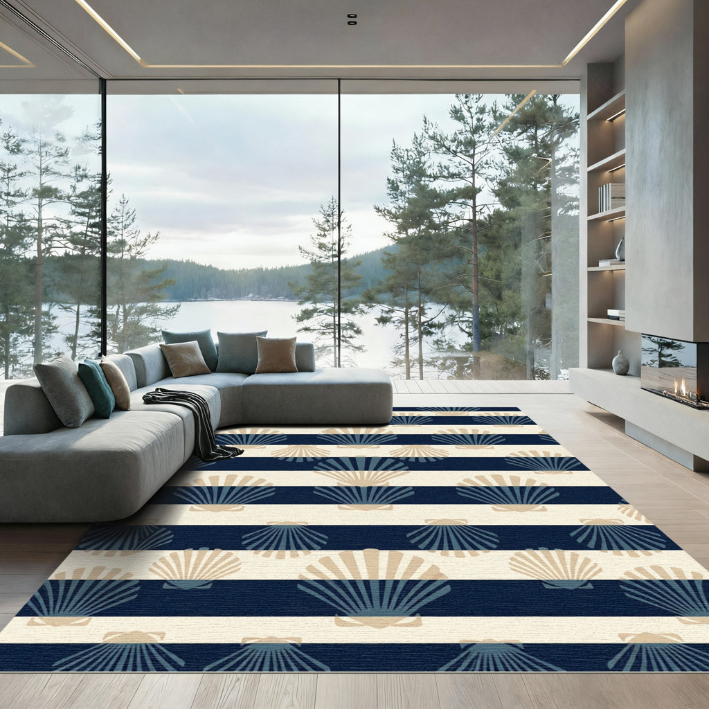 Navy Blue Coastal Seashell Striped Rug