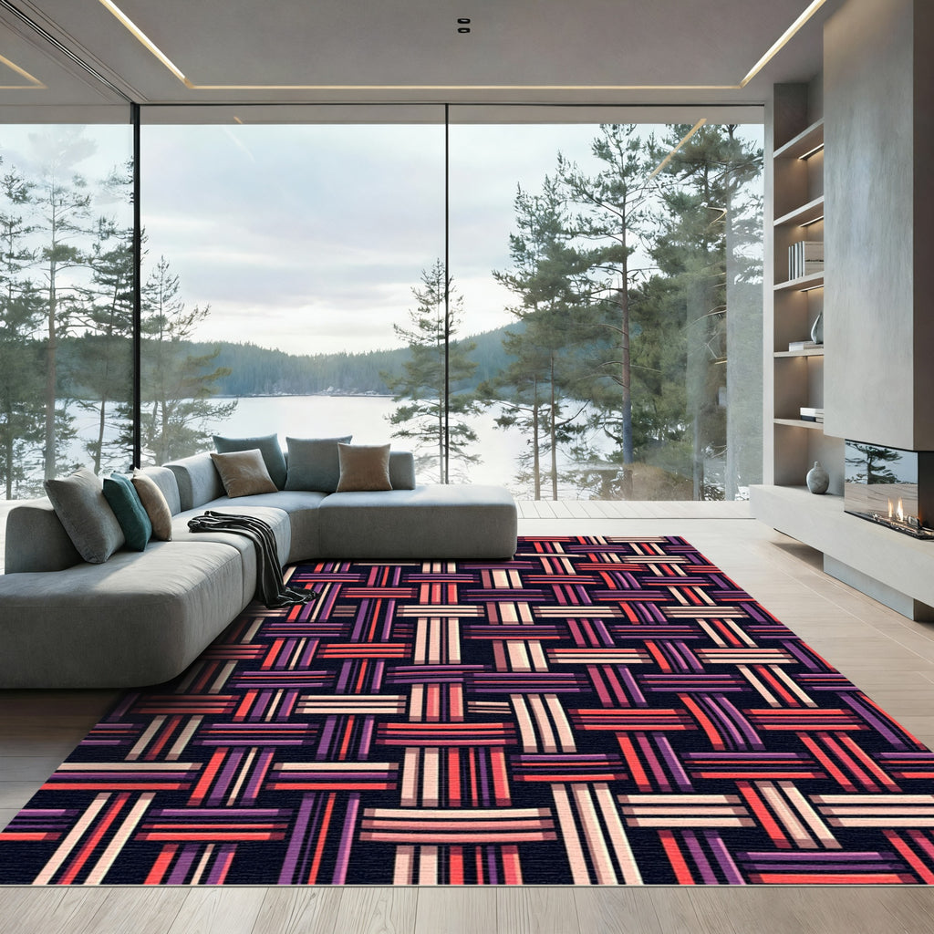 Woven Coral Berry Geometric Lattice Rug