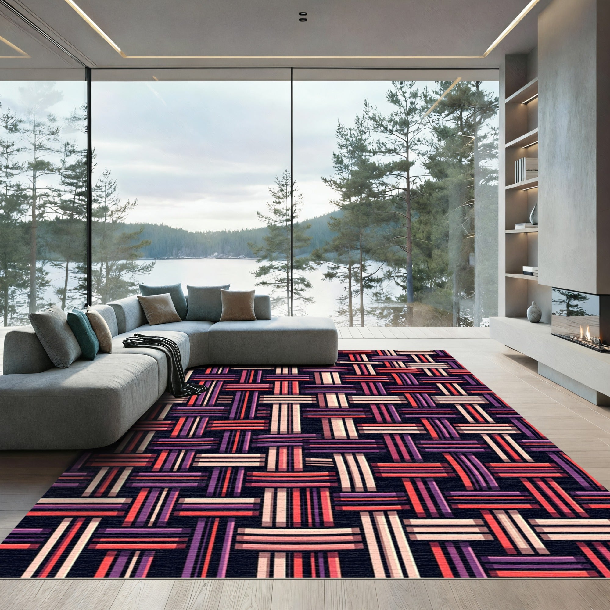 Woven Coral Berry Geometric Lattice Rug