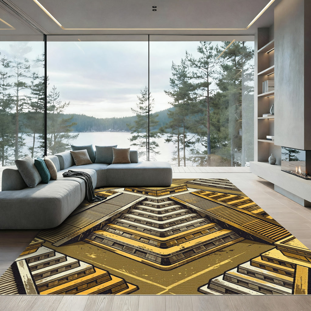 Golden Mayan Ziggurat Step Geometric Rug