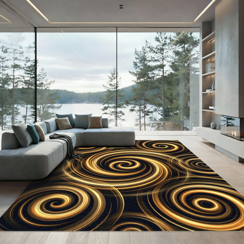 Luminous Gold Abstract Swirling Vortex Rug