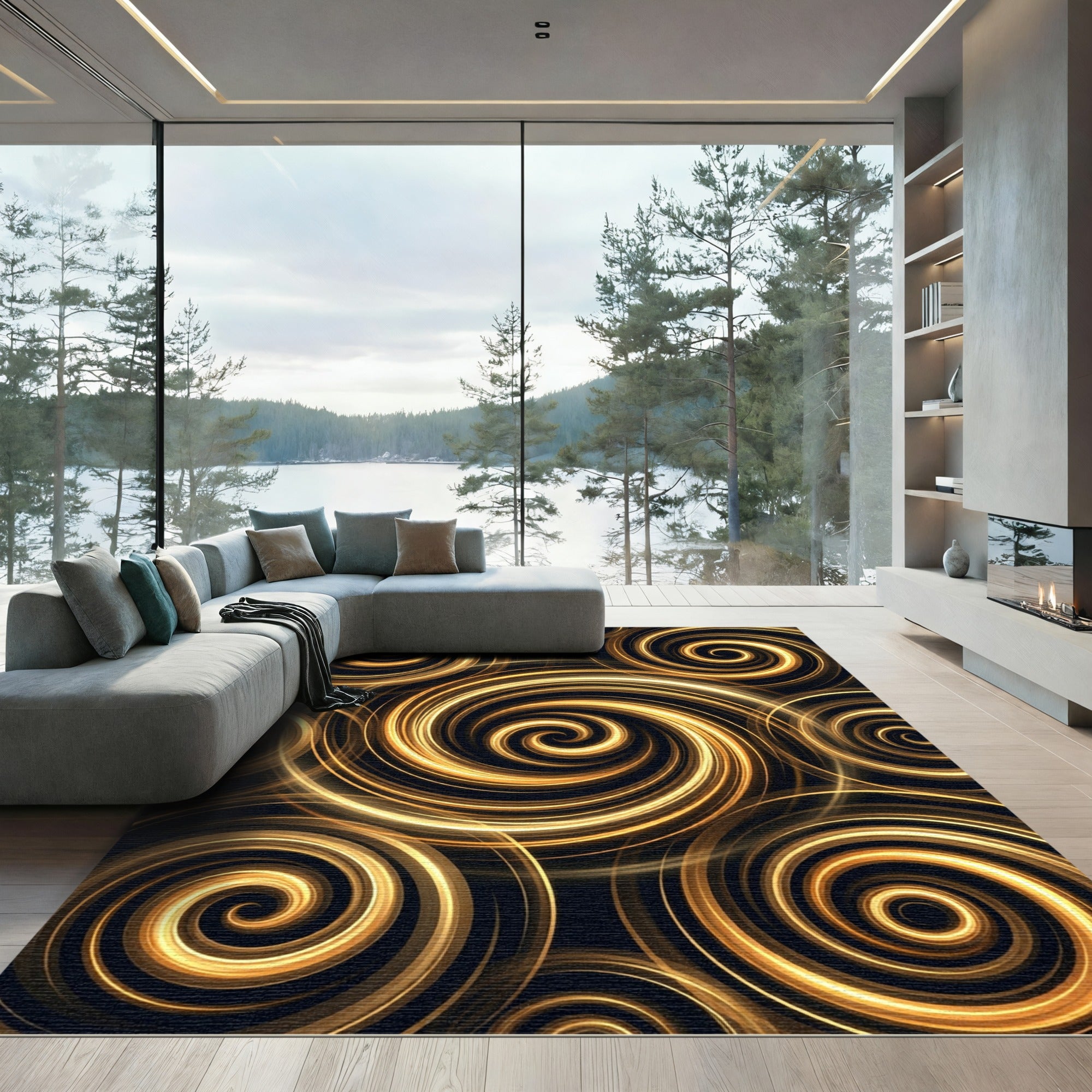 Luminous Gold Abstract Swirling Vortex Rug