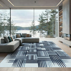 Minimalist Navy Blue Pencil Stripe Grid Rug