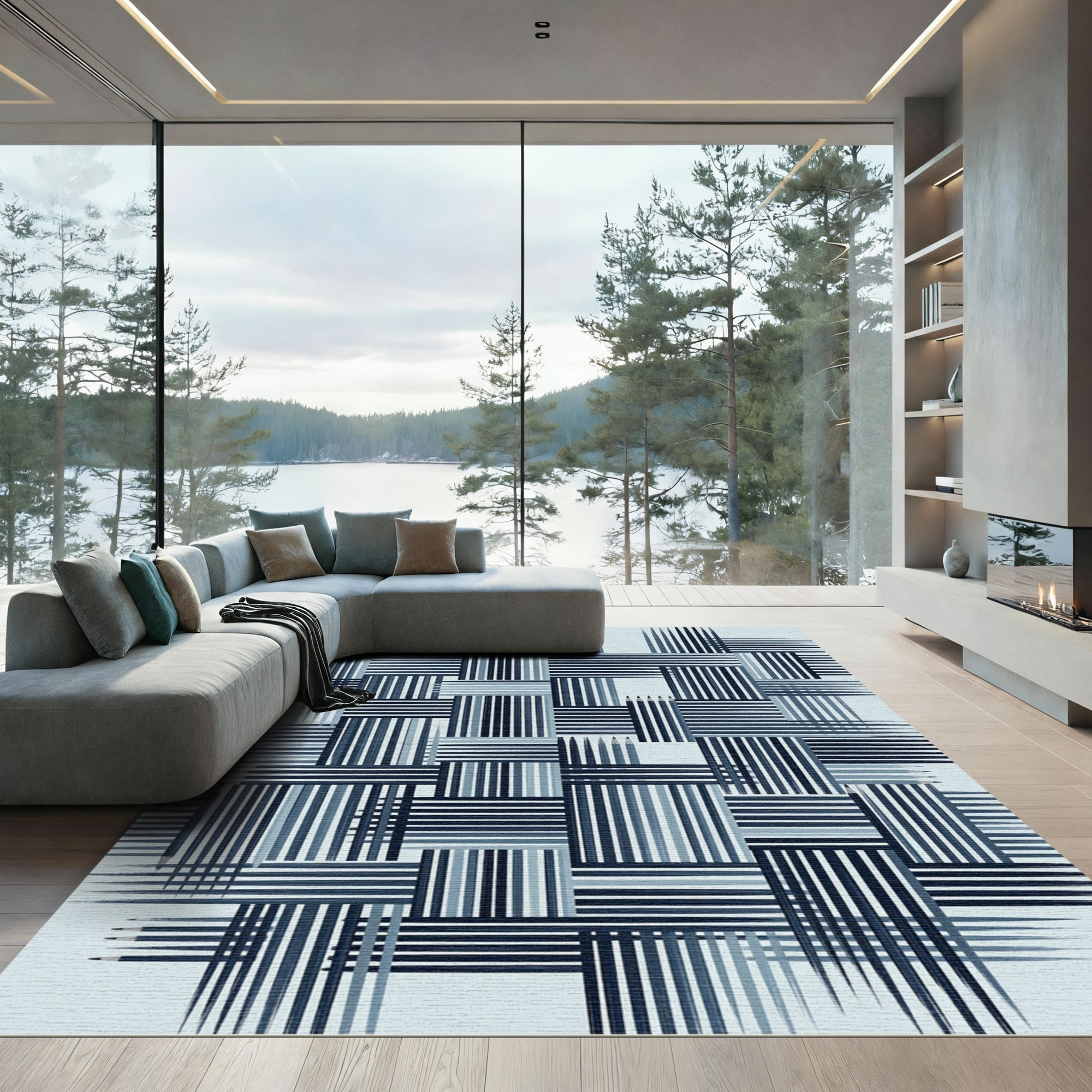 Minimalist Navy Blue Pencil Stripe Grid Rug