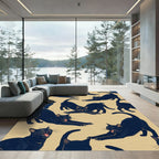 Whimsical Stretching Black Cat Illustration Rug