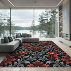 Elegant Crimson Floral Damask Scroll Rug