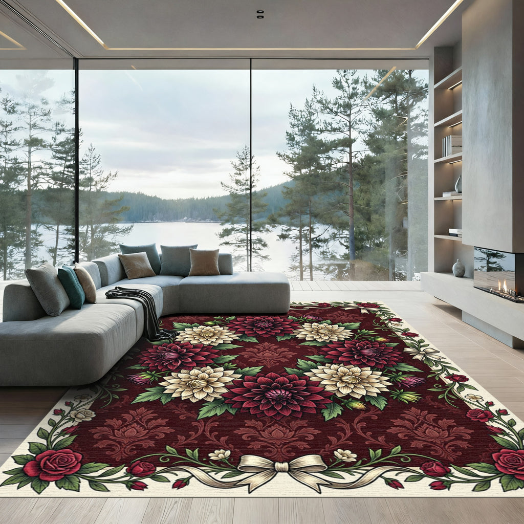 Crimson Floral Wreath With Cream Dahlias Rug