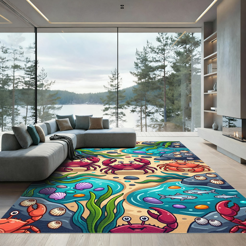 Whimsical Vibrant Red Crab Tide Pool Rug