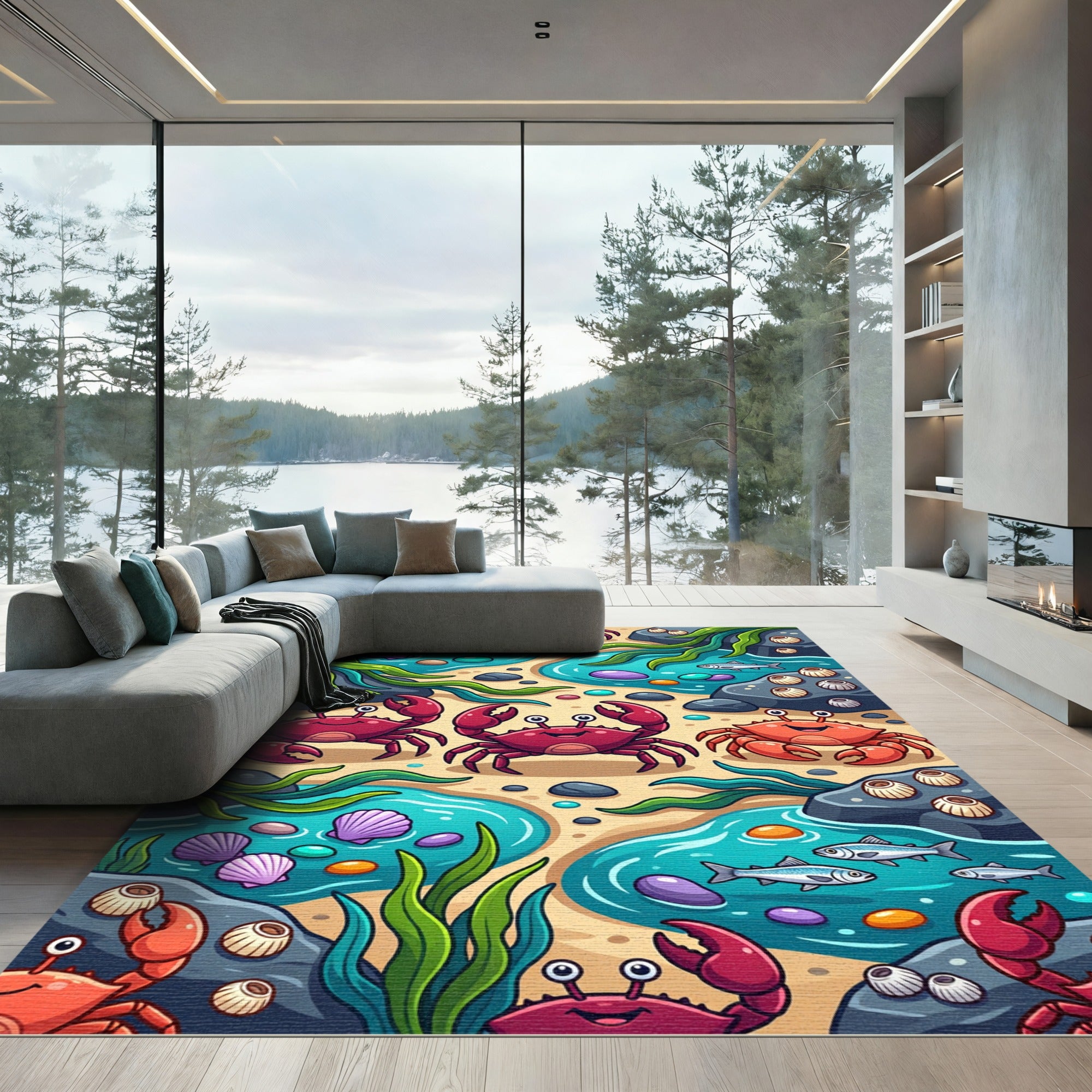 Whimsical Vibrant Red Crab Tide Pool Rug