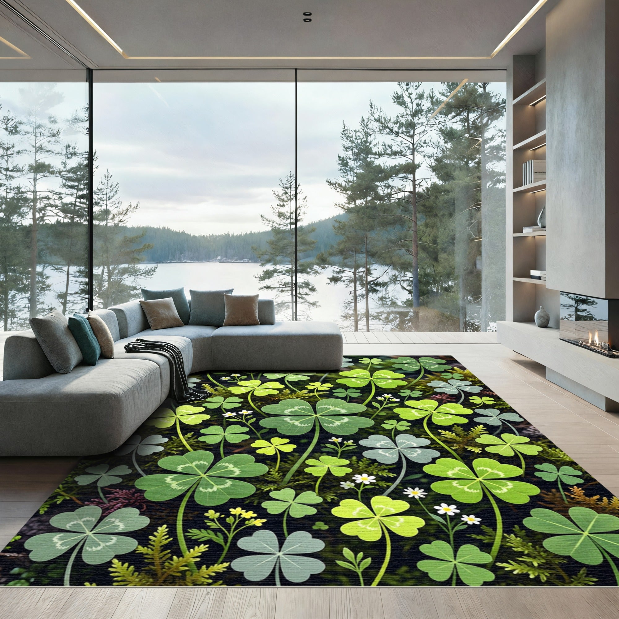 Whimsical Green Botanical Lucky Clover Field Rug