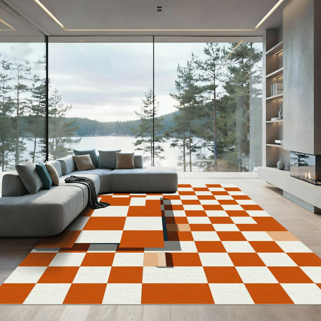 Orange and White Checkerboard Geometric Composition Rug