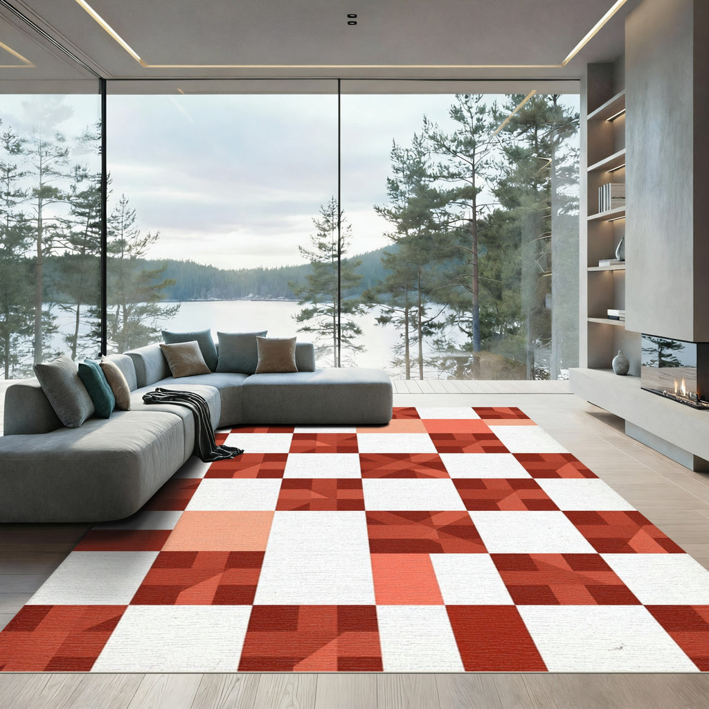 Geometric Terracotta Checkerboard Abstract Grid Rug