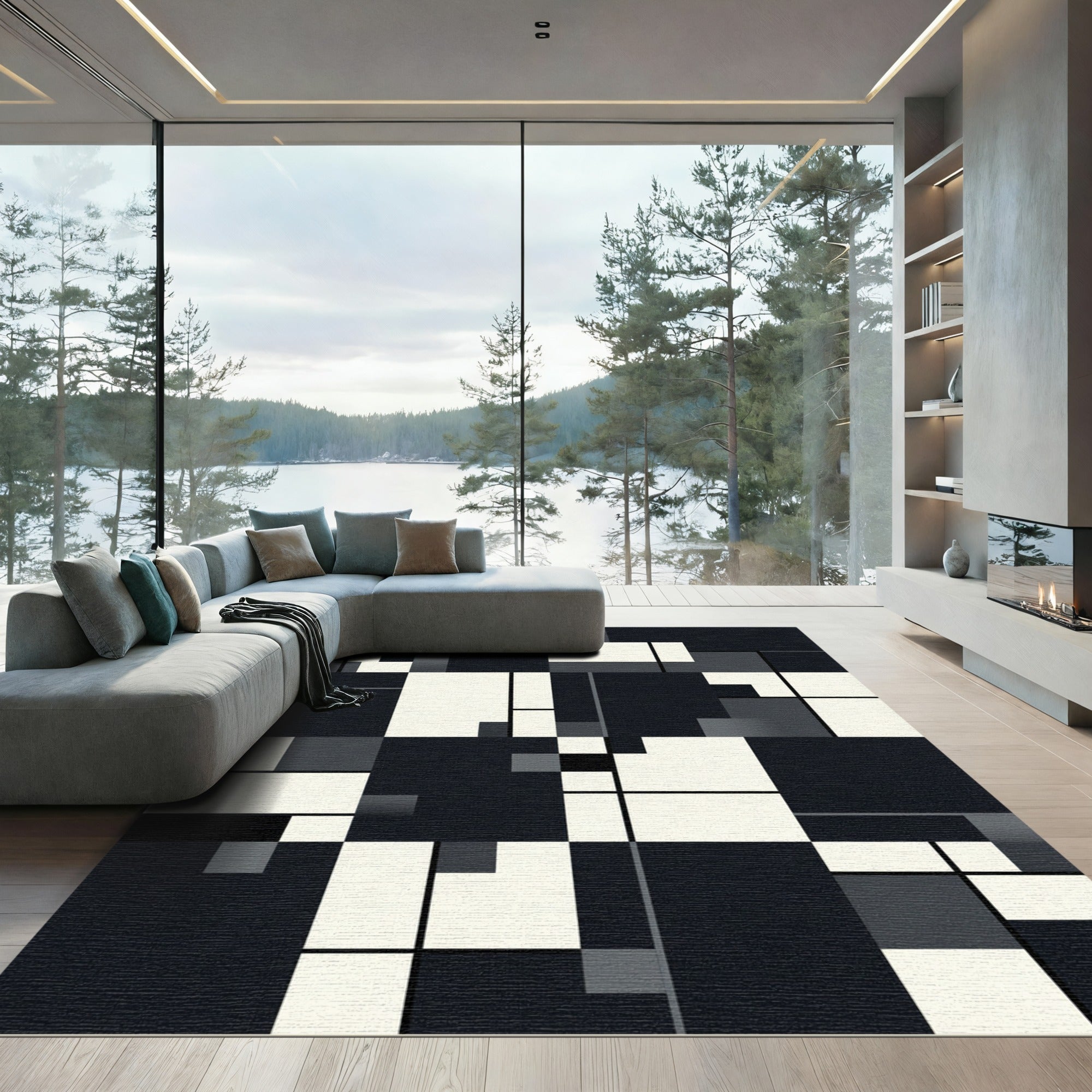 Modern Minimalist Monochrome Geometric Grid Rug